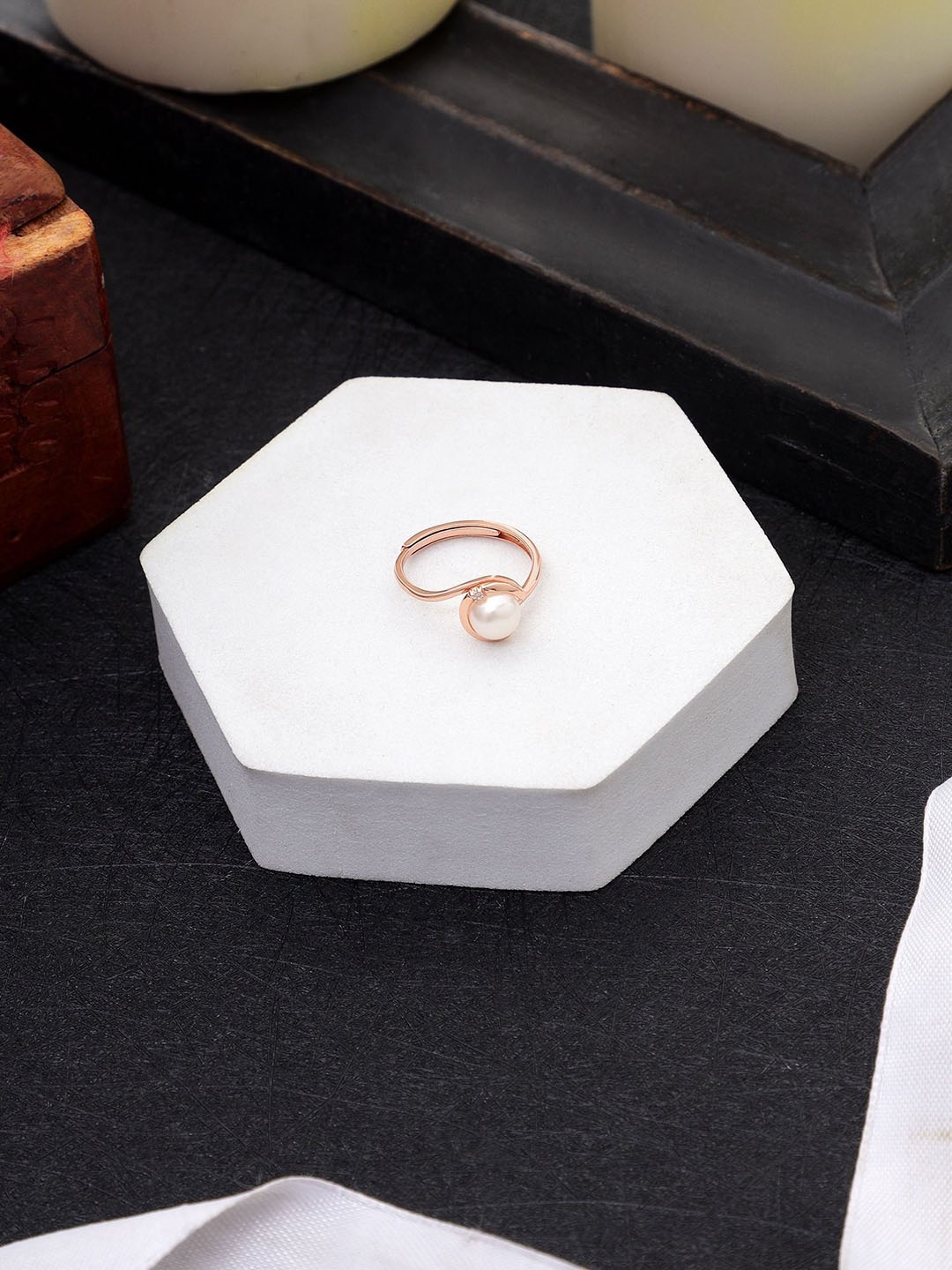 

DIAVO 925 Sterling Silver Rose Gold-Plated Pearl Beaded Adjustable Finger Ring