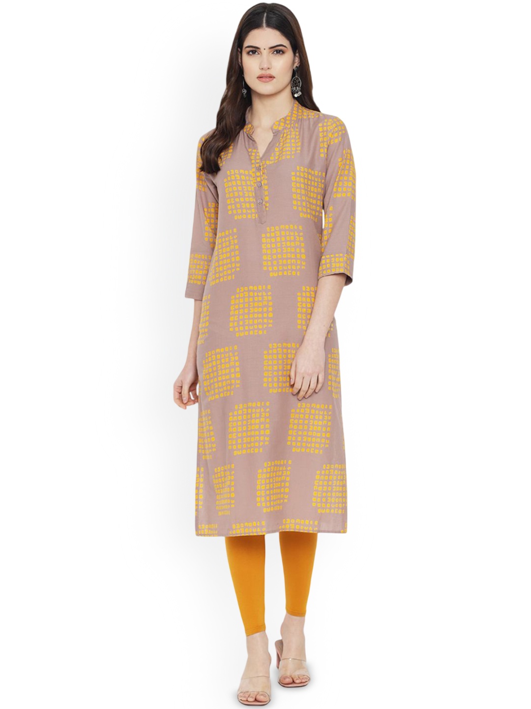 

7Threads Geometric Printed Cotton Straight Kurta, Beige