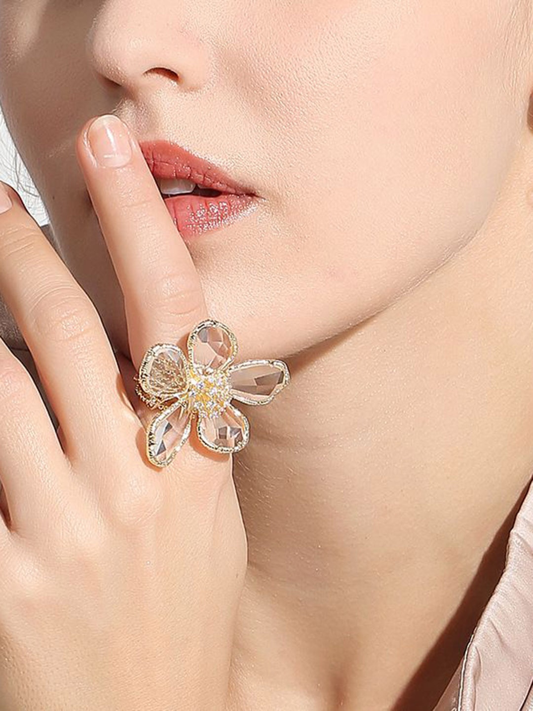 

Just Lil Things Sapphire Blossom Petal Stone Studded Finger Ring, Gold