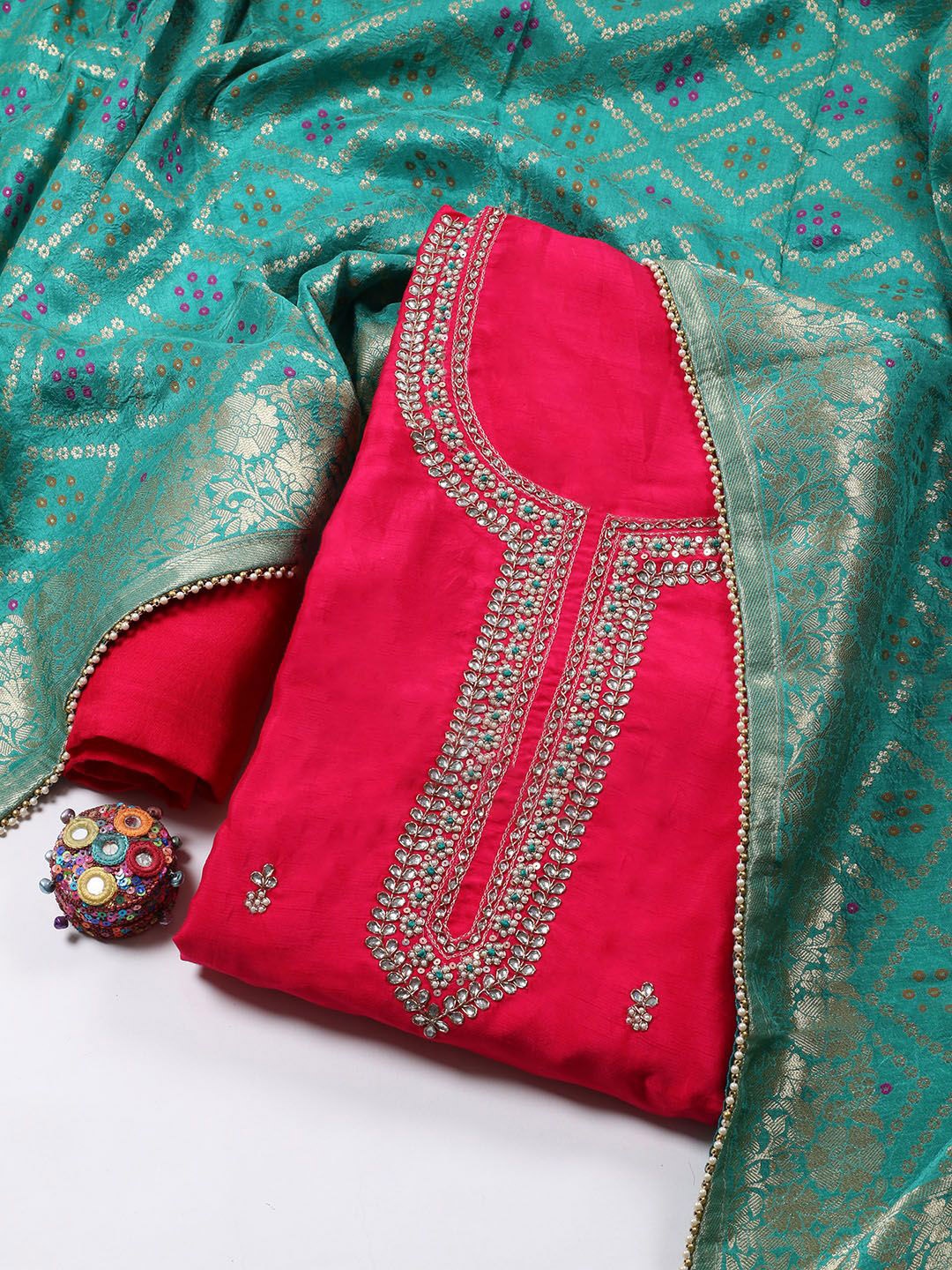 

Meena Bazaar Floral Embroidered Beads and Stones Art Silk Unstitched Dress Material, Red