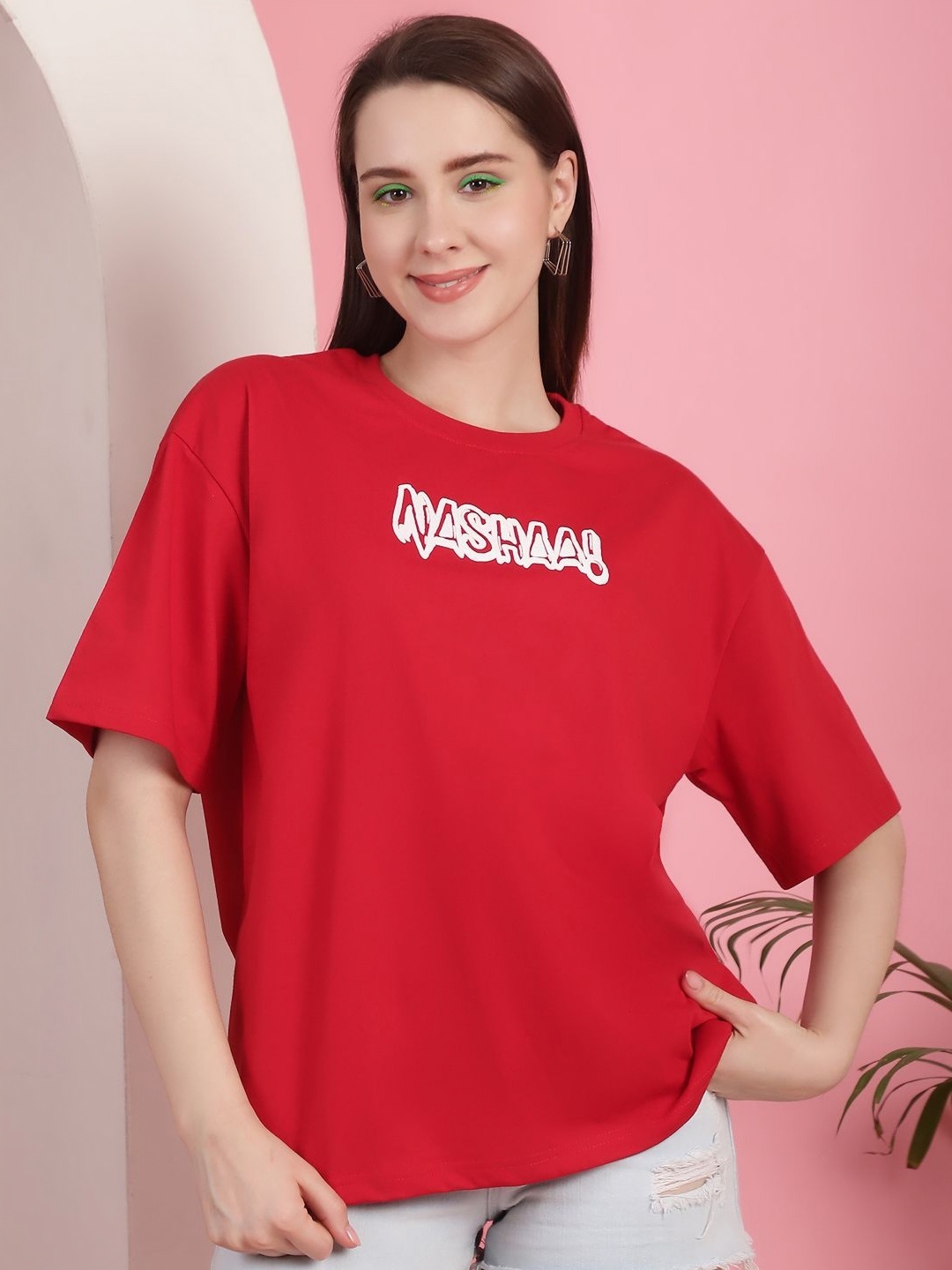 

Tromko Women Graphic Printed Round Neck Cotton Oversized T-shirt, Red