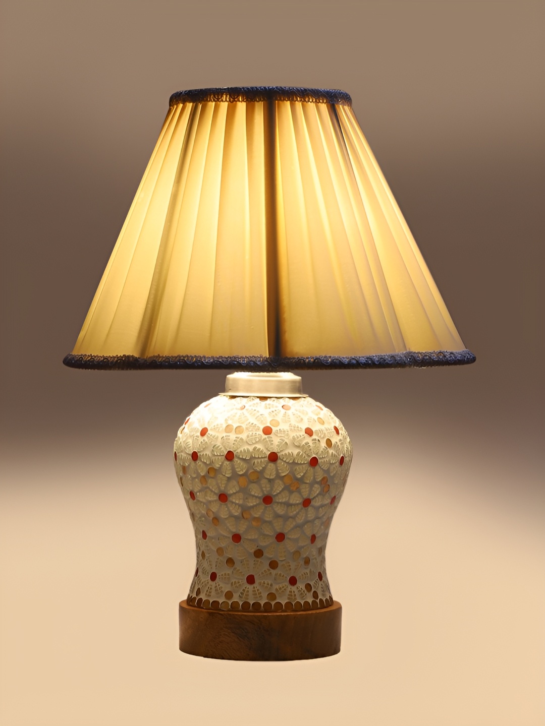 

Devansh Off White Printed Wooden Frustum Shaped Table Lamp With Mosaic Glass Base