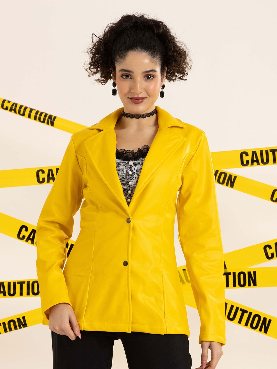 

TANDUL Single Breasted Lapel Collar Blazer, Yellow