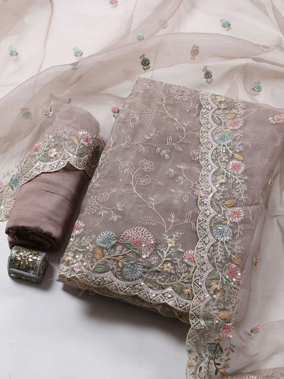 

Meena Bazaar Floral Embroidered Sequinned Organza Unstitched Dress Material, Brown