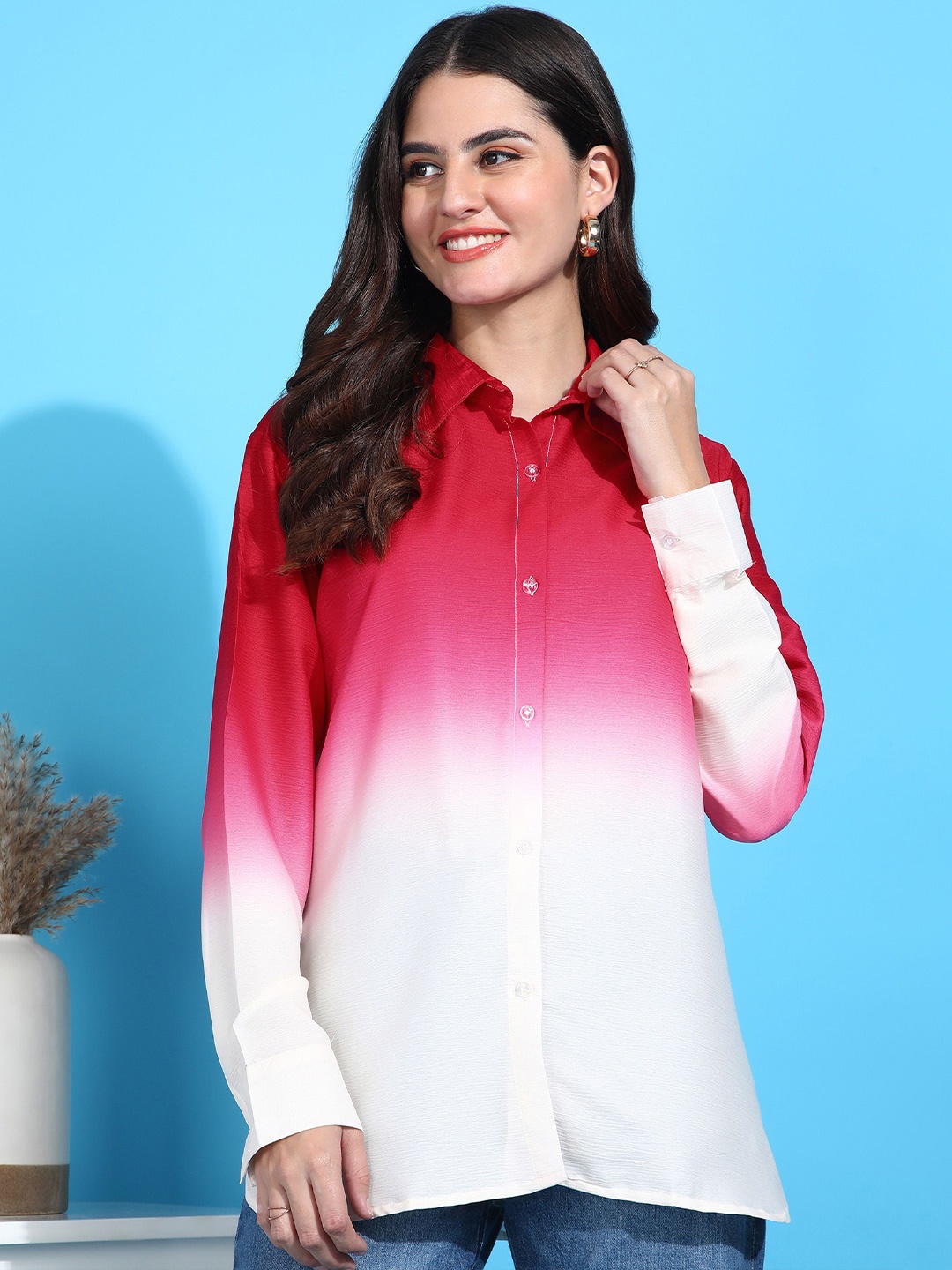 

Funday Fashion Spread Collar Ombre Dyed Casual Shirt, Red