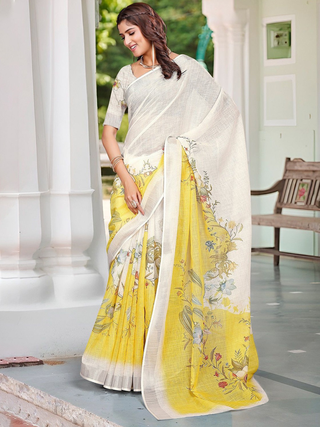 

ORUS Floral Printed Pure Cotton Saree, White