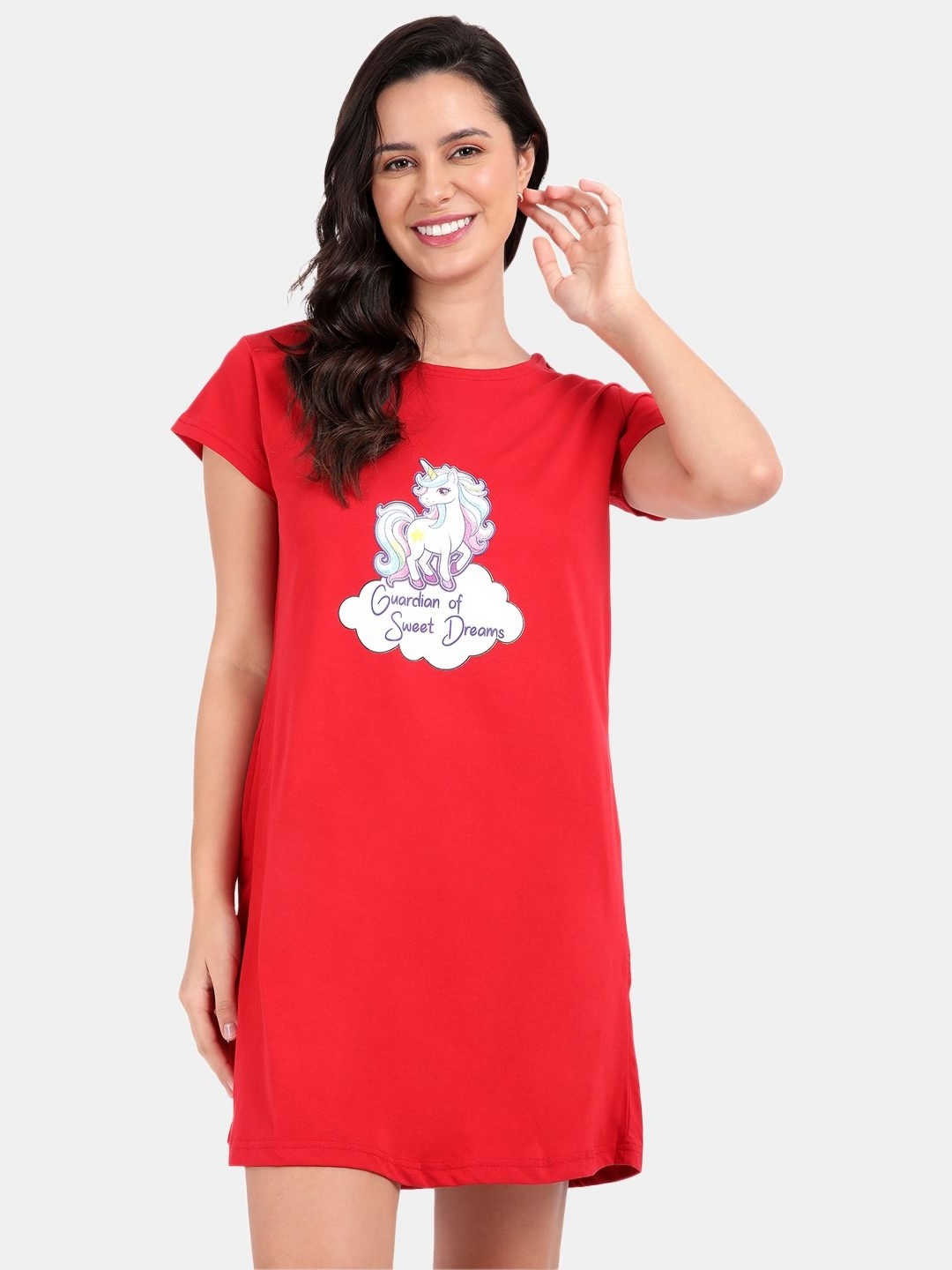 

SNAPPY B Typography Printed Round Neck Cotton Long T-shirt, Red