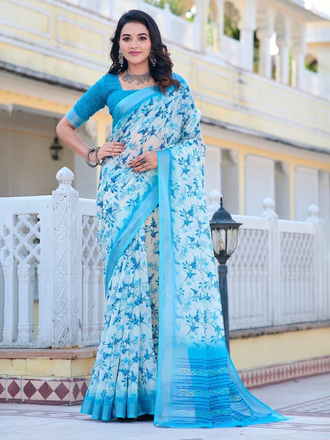 

Kalista Floral Printed Zari Saree, Turquoise blue