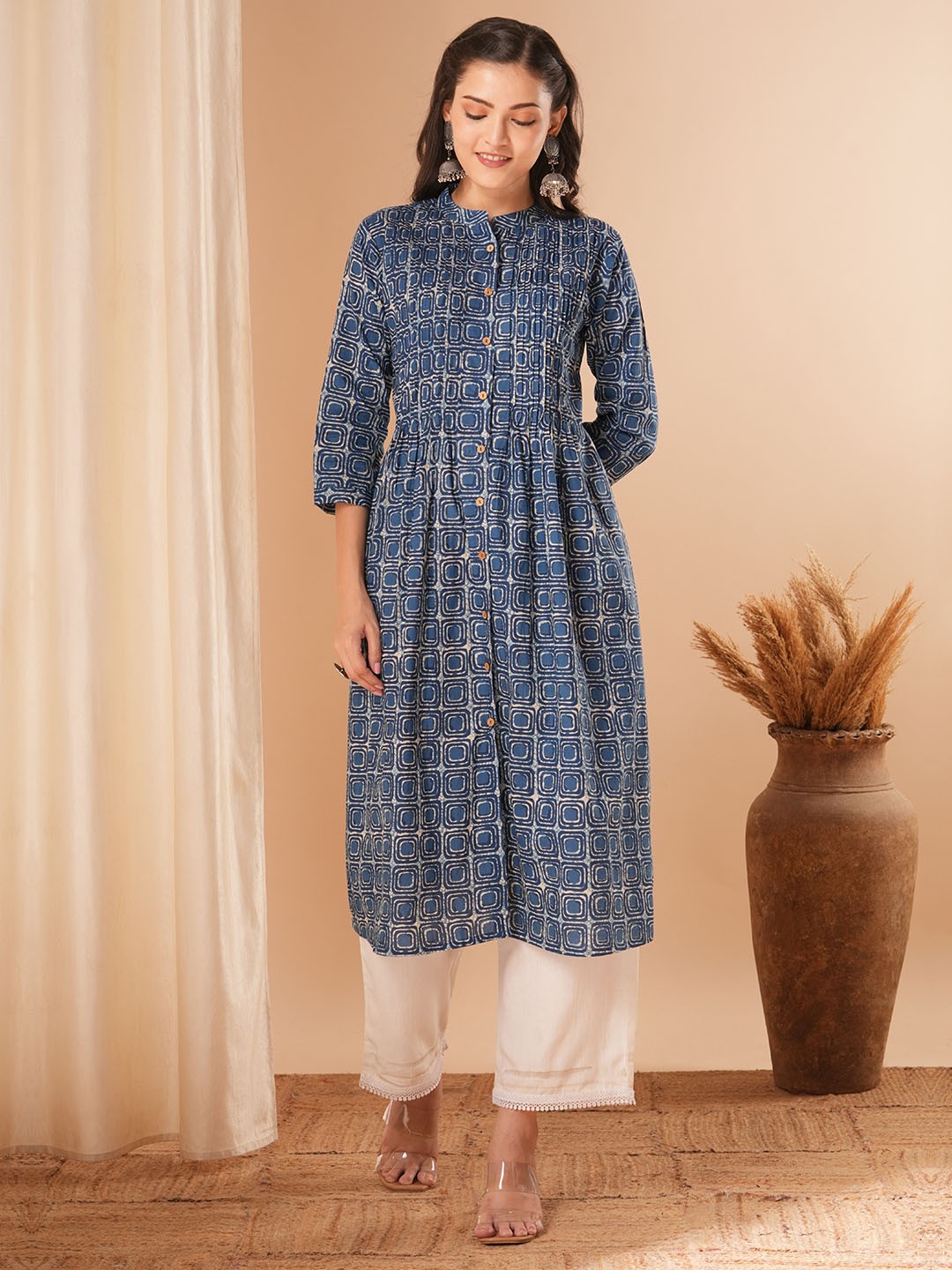 

FASHOR Geometric Printed Pleated Pure Cotton A-Line Kurta, Blue