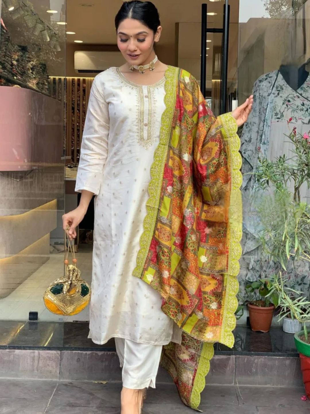 

BAESD Embroidered Boat-Neck Thread Work Chanderi Silk Straight Kurta Pant Dupatta Set, White