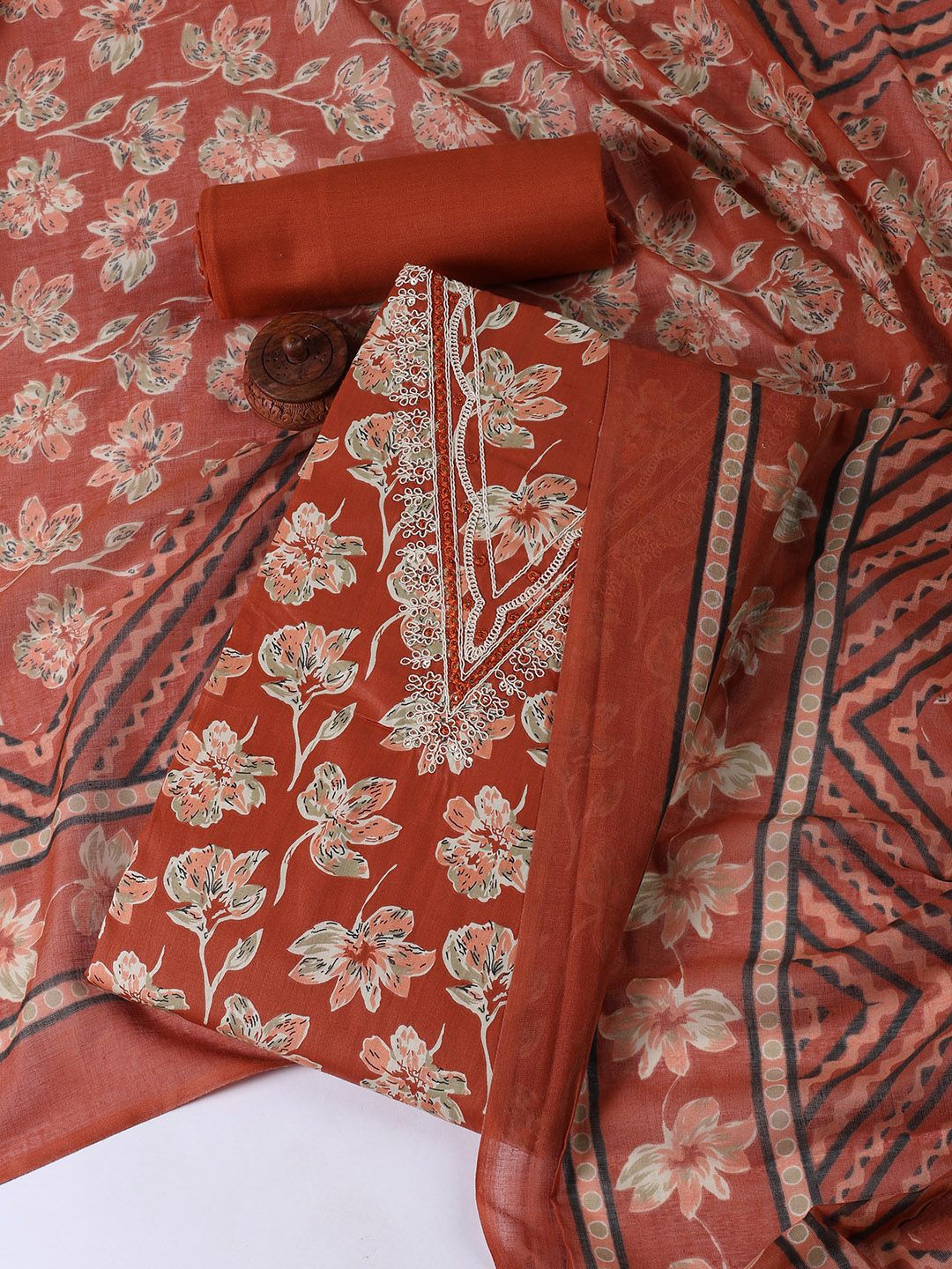 

Meena Bazaar Printed Unstitched Dress Material, Rust