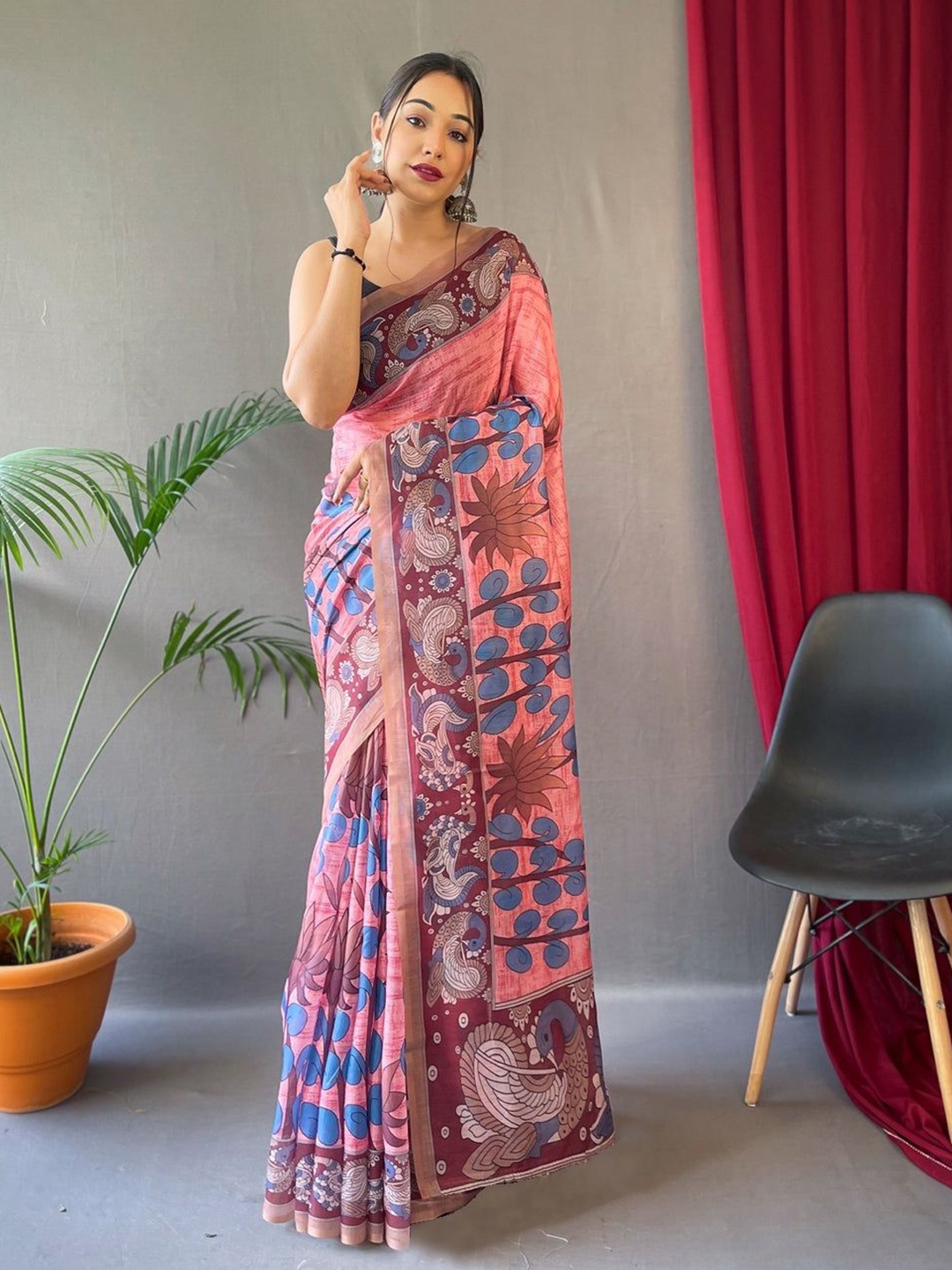 

ORUS Ethnic Motifs Printed Pure Cotton Saree, Pink