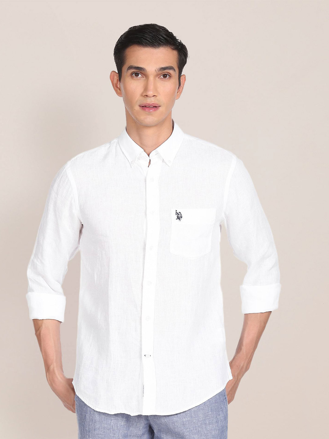 

U.S. Polo Assn. Men Button Down Collar Linen Slim Fit Casual Shirt, White