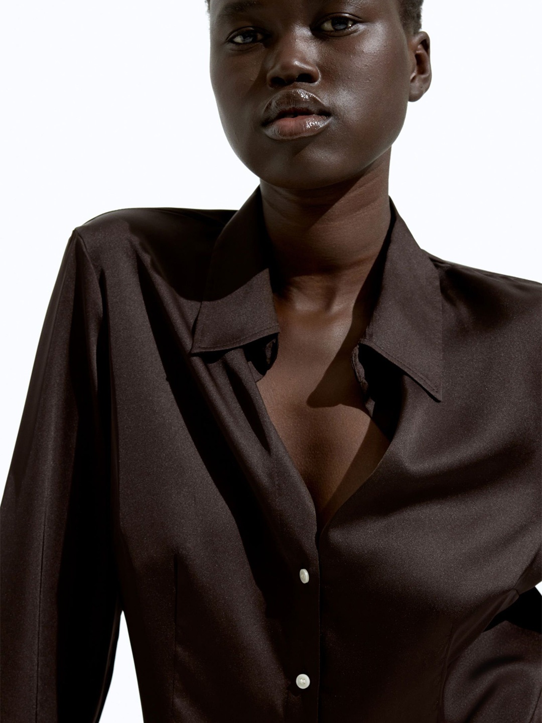 

H&M Fitted Satin Shirt, Brown