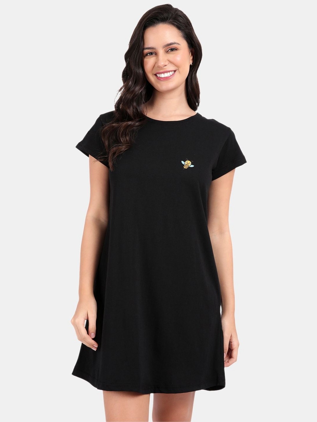 

SNAPPY B Bee Printed Round Neck Cotton Long T-shirt, Black