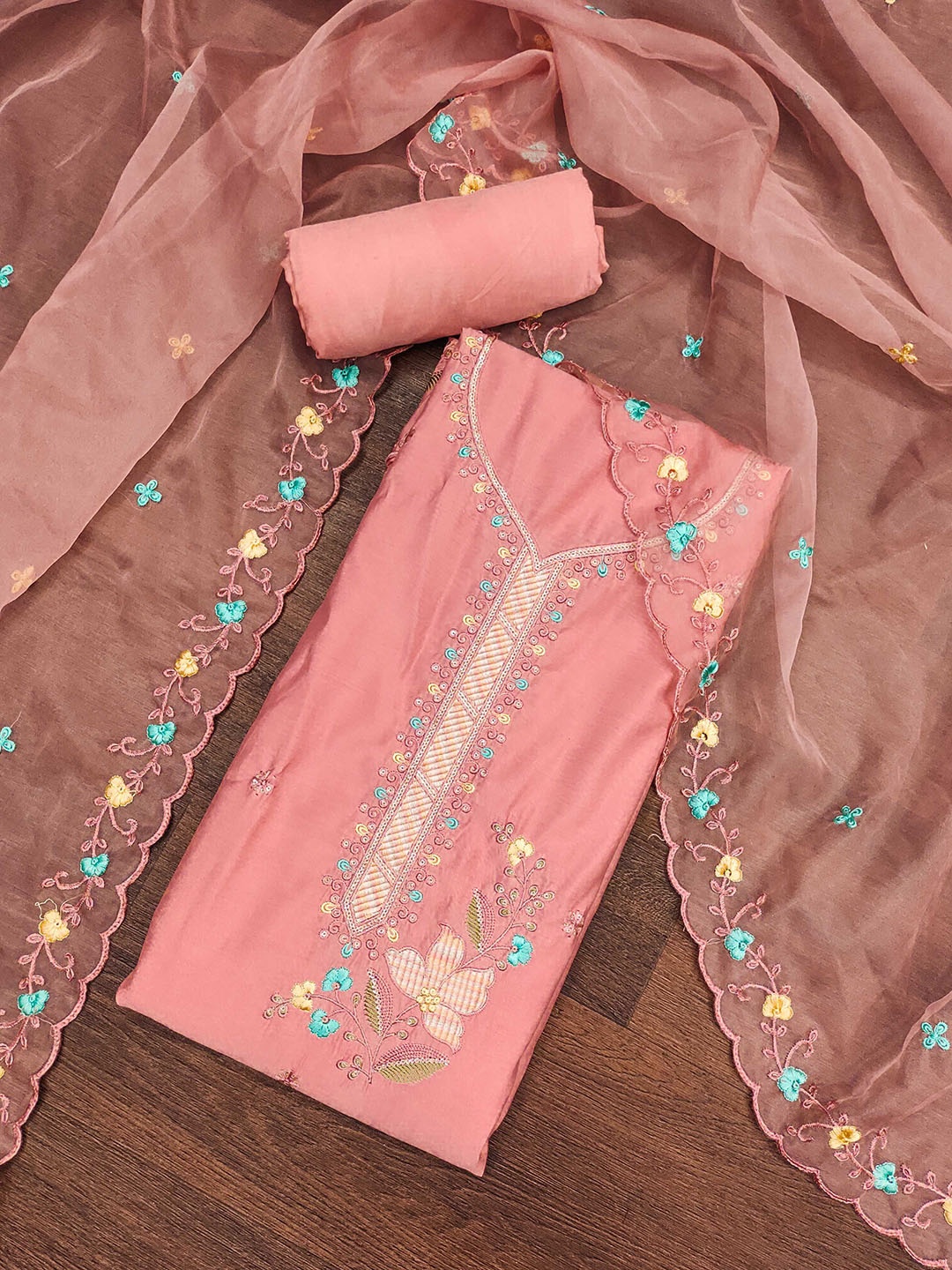 

SHADOW & SAINING Floral Embroidered Sequinned Pure Cotton Semi-Stitched Dress Material, Peach