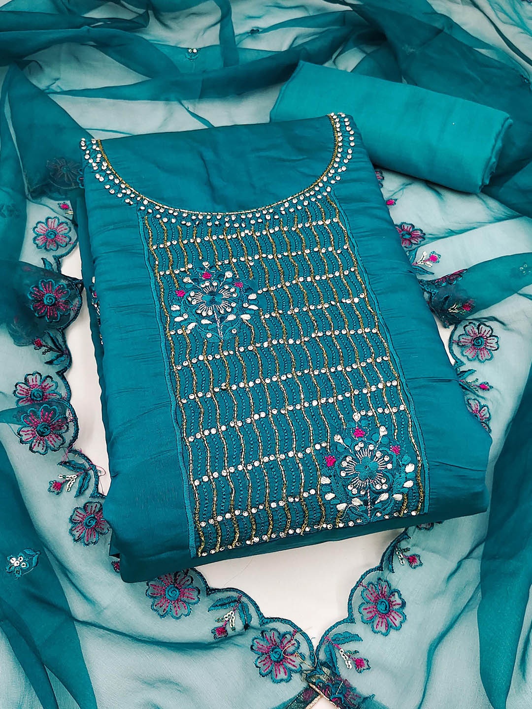 

SHADOW & SAINING Floral Embroidered Beads & Stones Pure Silk Unstitched Dress Material, Teal