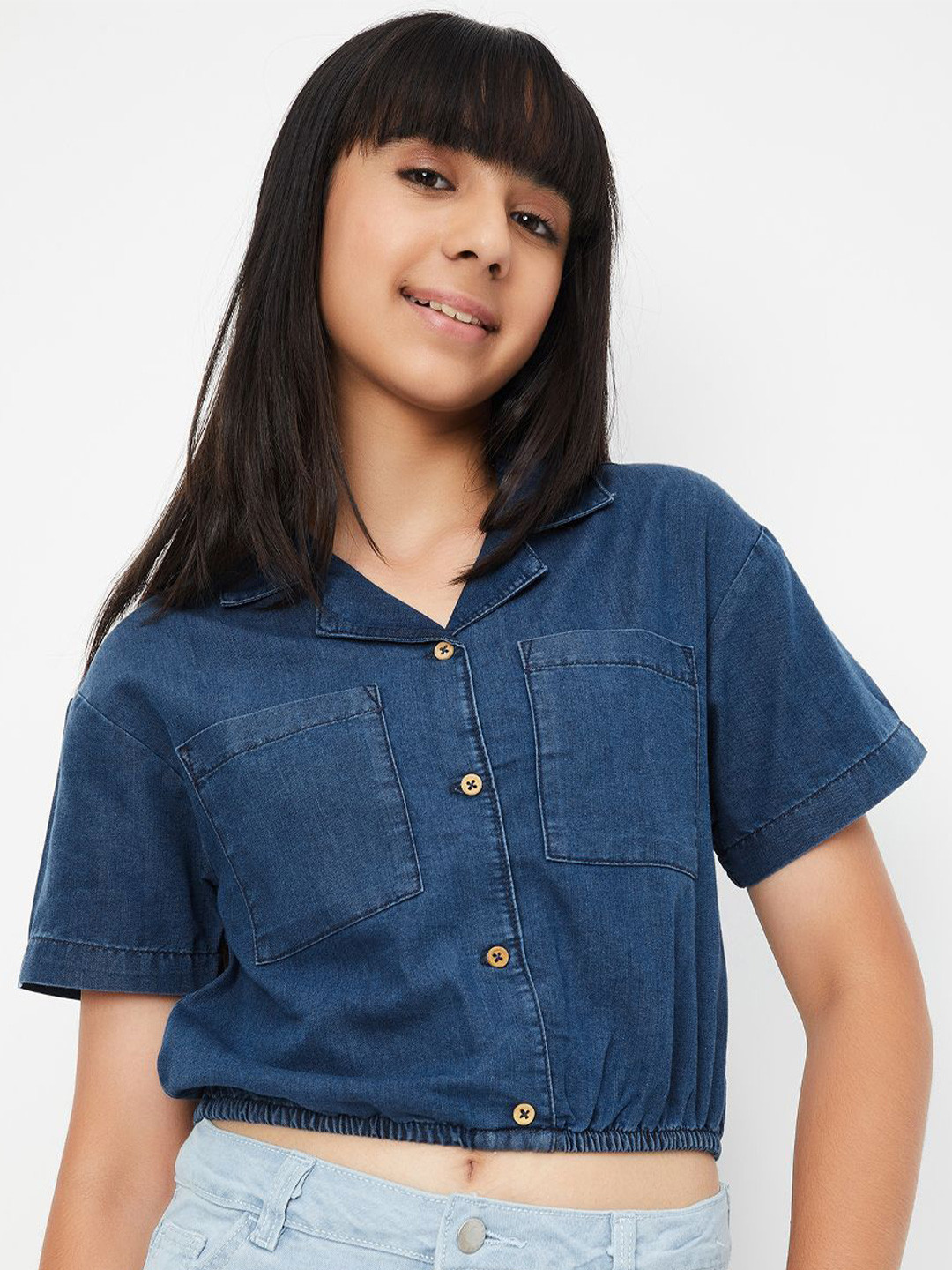 

Max Girls Lapel Collar Crop Shirt Style Top, Blue