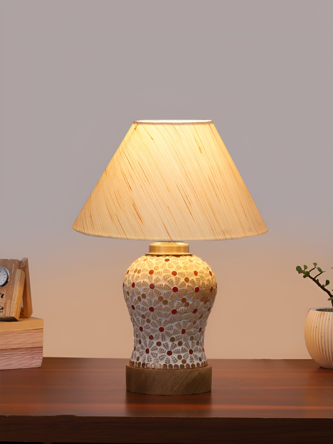 

Devansh Off White Printed Wooden Frustum Shaped Table Lamp With Mosaic Glass Base