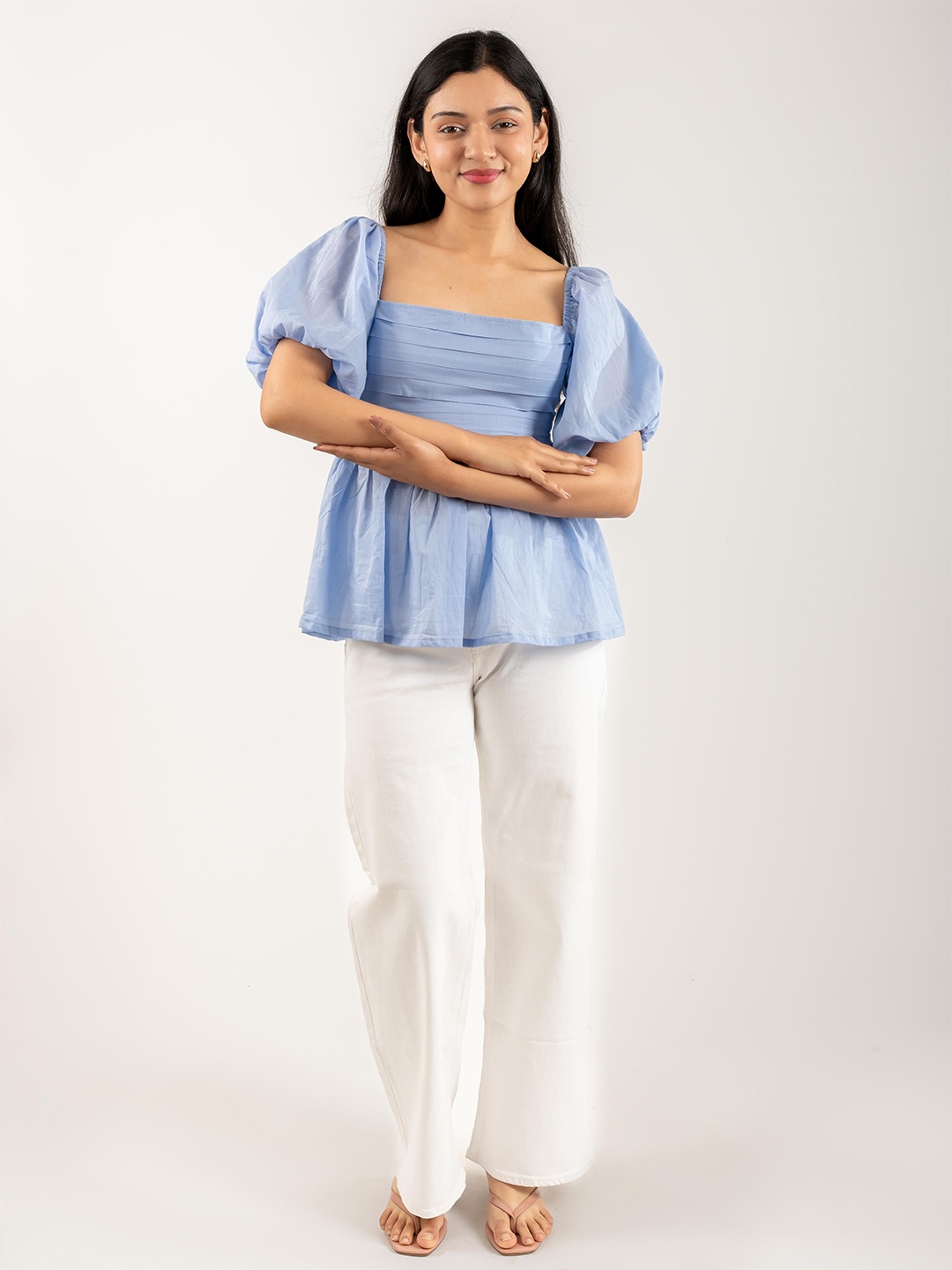 

Monomee Women Square Neck Puff Sleeve Peplum Top, Blue