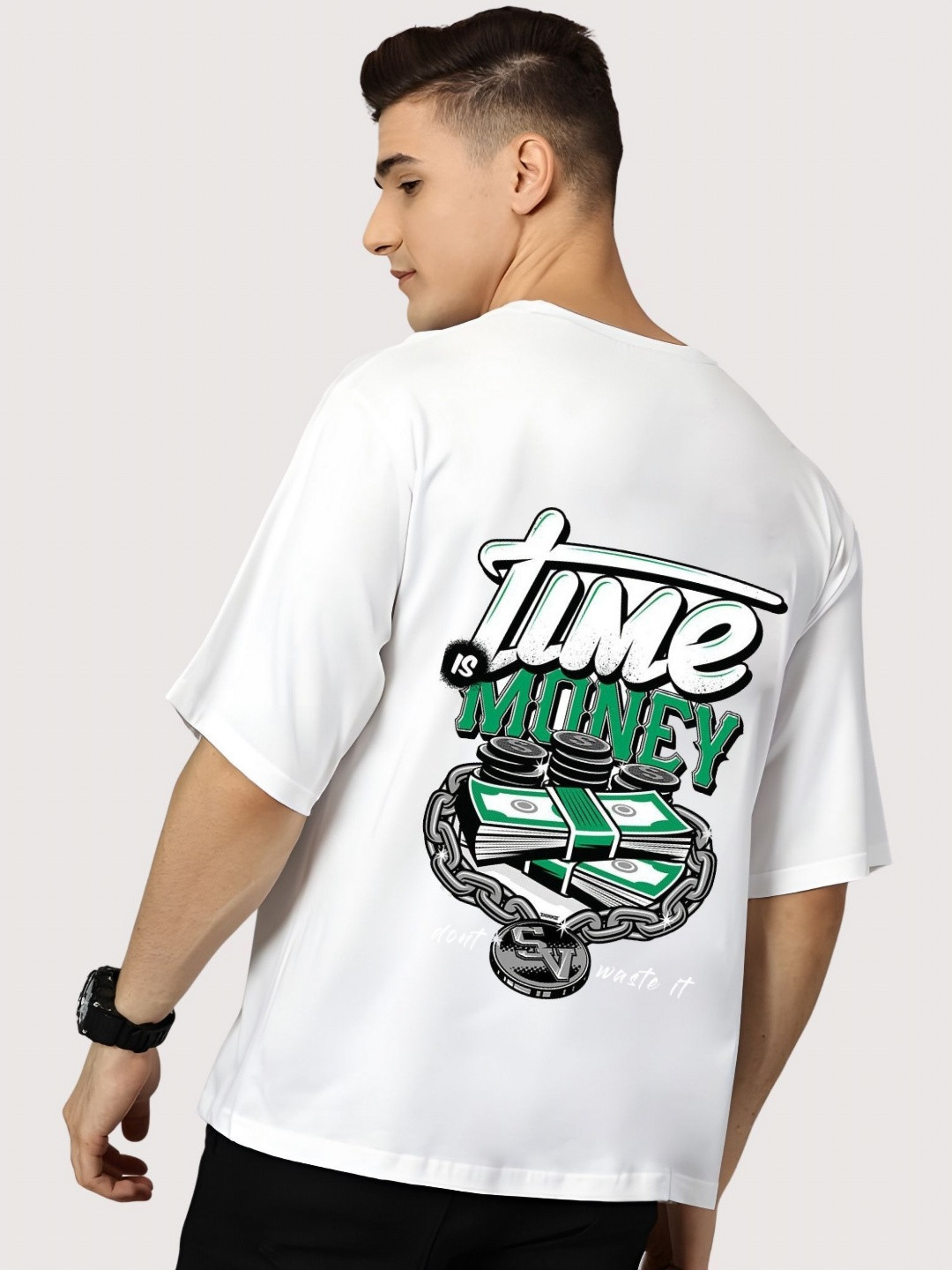 

SZN Men Graphic Printed Round Neck Cotton Oversized T-shirt, White
