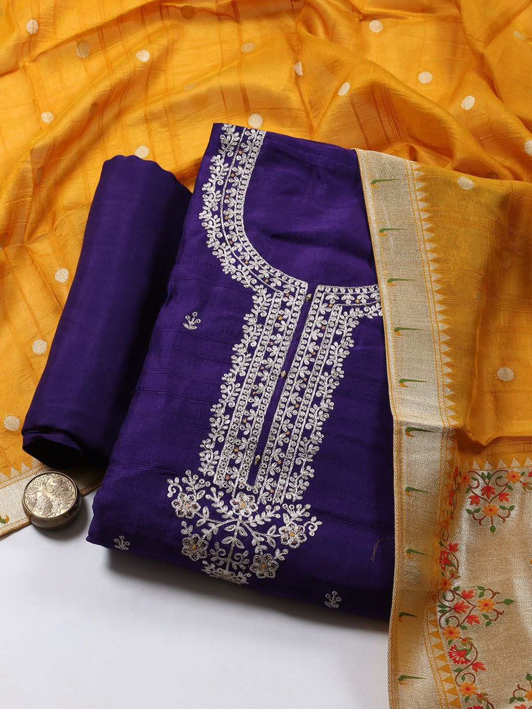 

Meena Bazaar Floral Embroidered Zari Chanderi Unstitched Dress Material, Purple