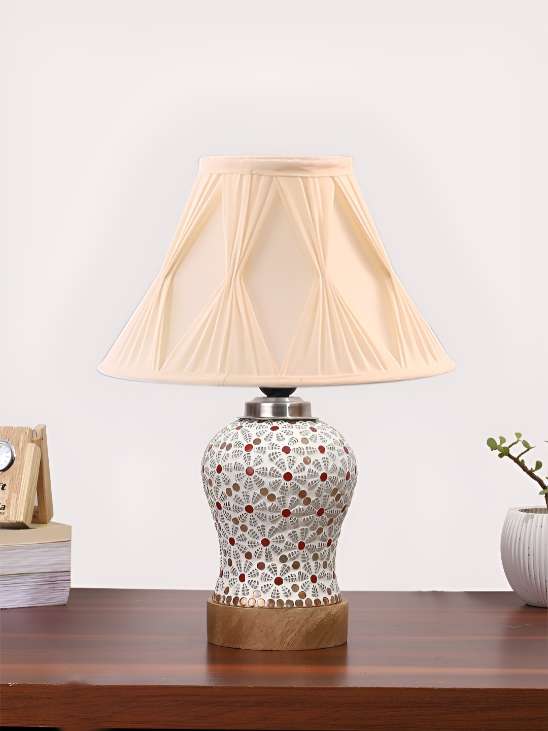 

Devansh White & Red Printed Frustum Shaped Wooden Table Lamp