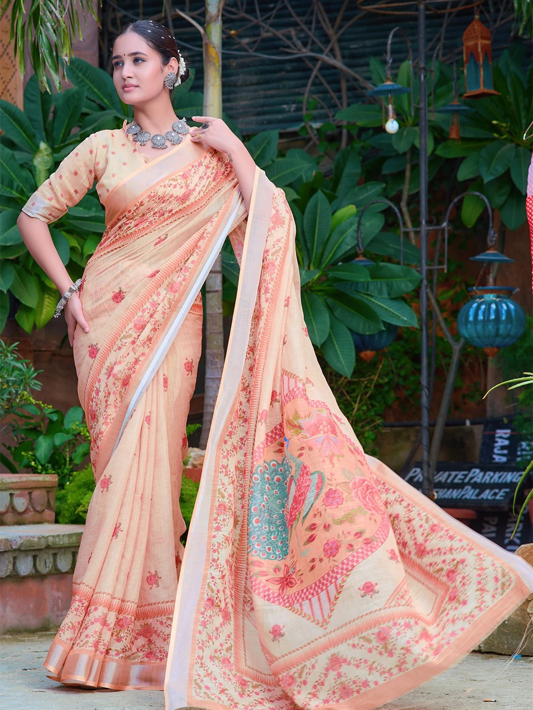 

Kalista Floral Printed Woven Zari Cotton Saree With Unstitched Blouse Piece, Peach