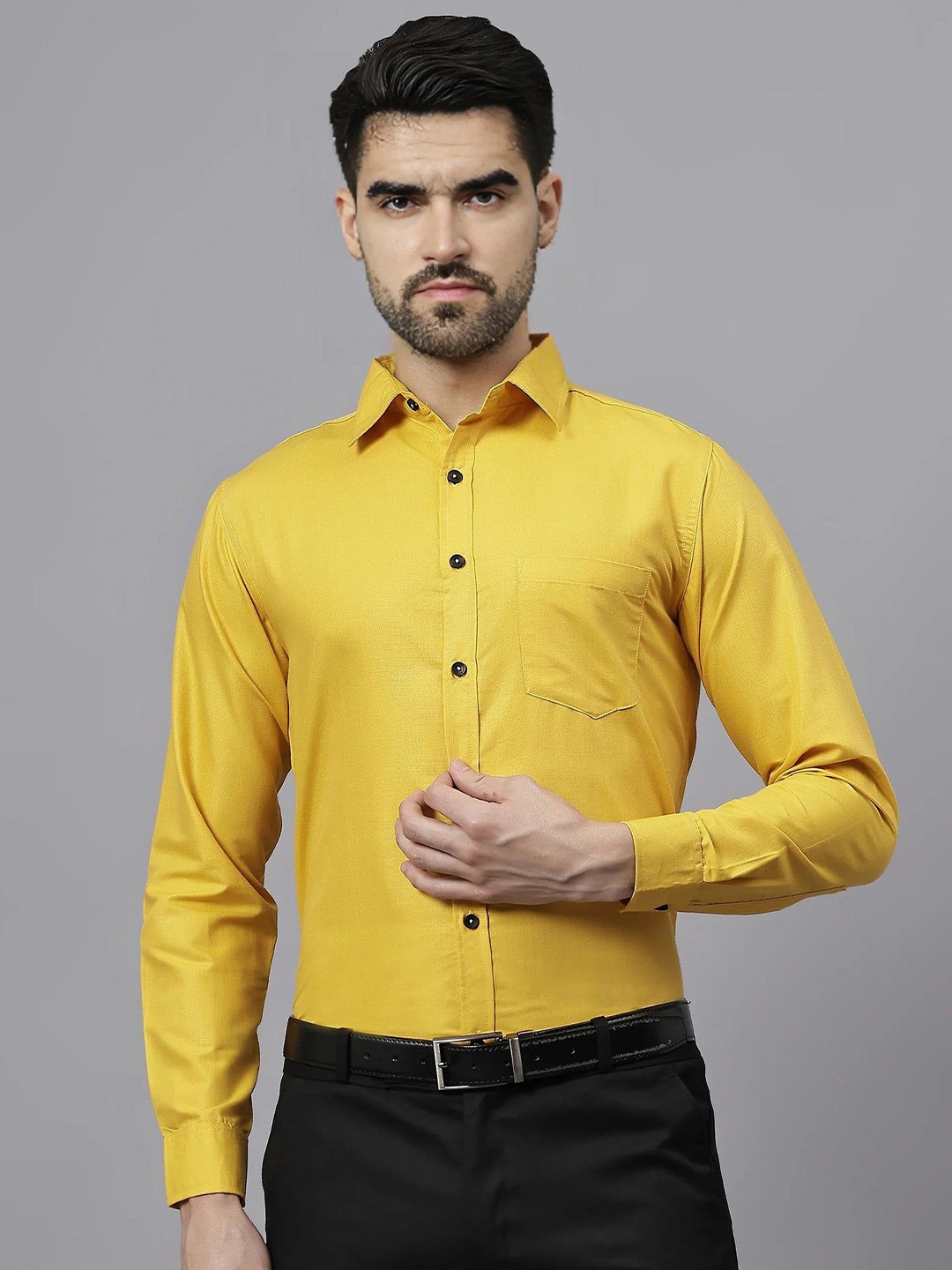 

Vida Loca Men Slim Fit Spread Collar Solid Cotton Formal Shirt, Yellow