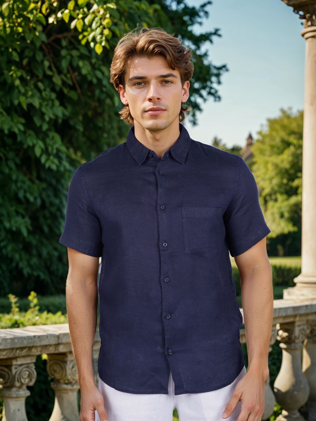 

Celio Men Regular Fit Spread Collar Solid Linen Casual Shirt, Navy blue