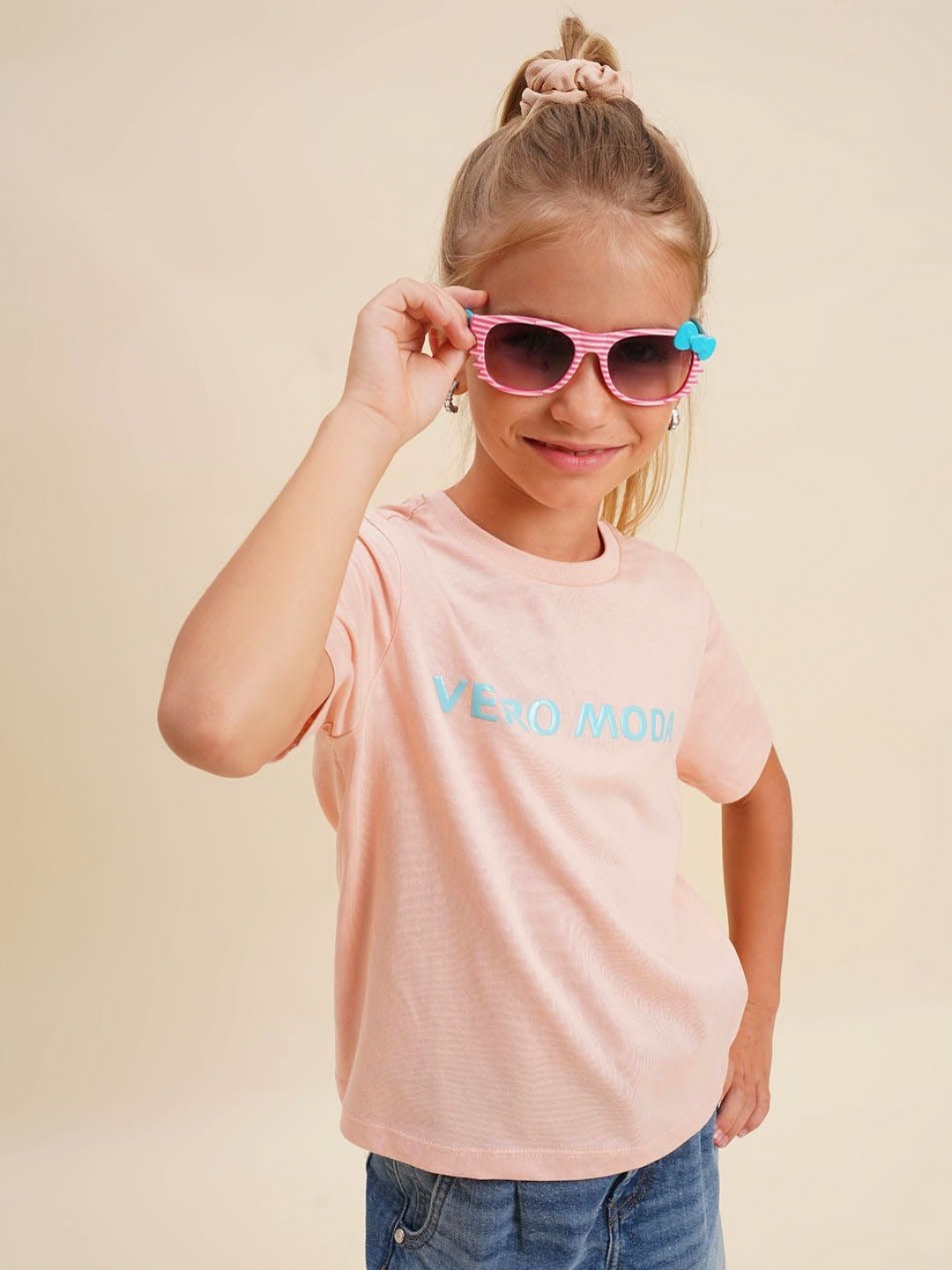 

Vero Moda Girls Brand Logo Printed Round Neck Cotton T-shirt, Pink