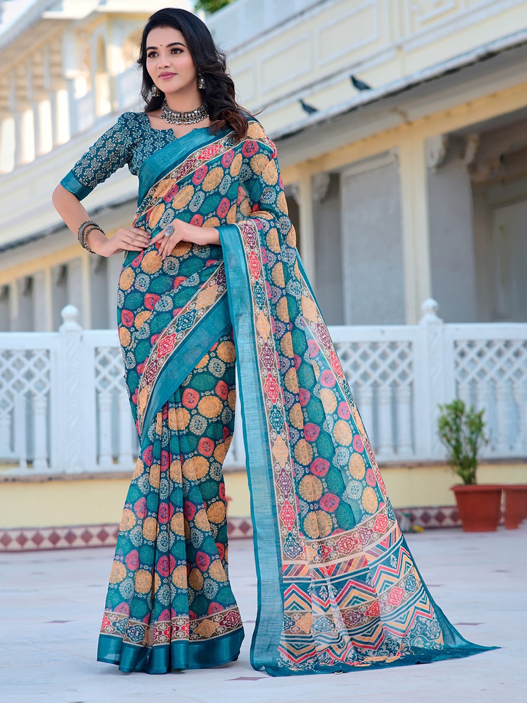 

Kalista Printed Zari Pure Cotton Saree, Blue