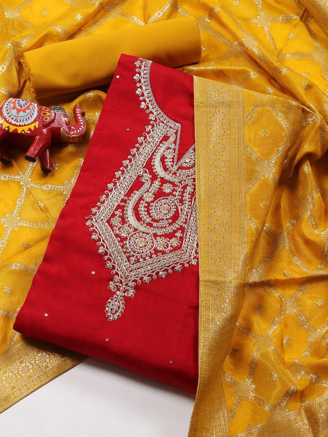 

Meena Bazaar Floral Embroidered Zari Chanderi Unstitched Dress Material, Red