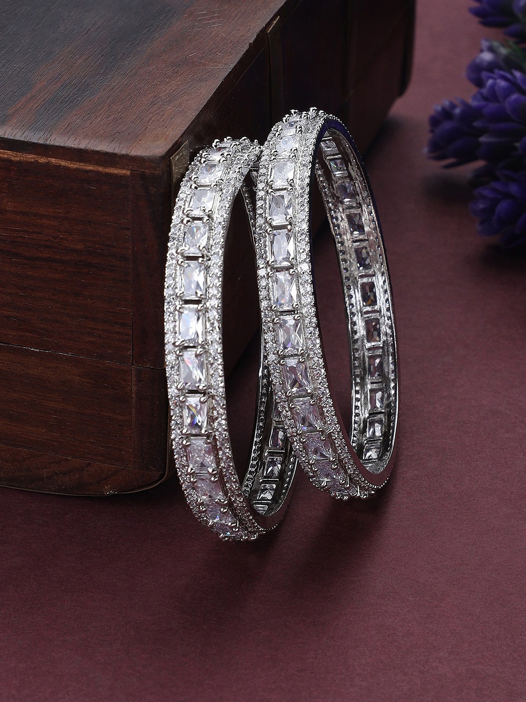

Opal Touch Set Of 2 Rhodium-Plated AD Studded Bangles, White