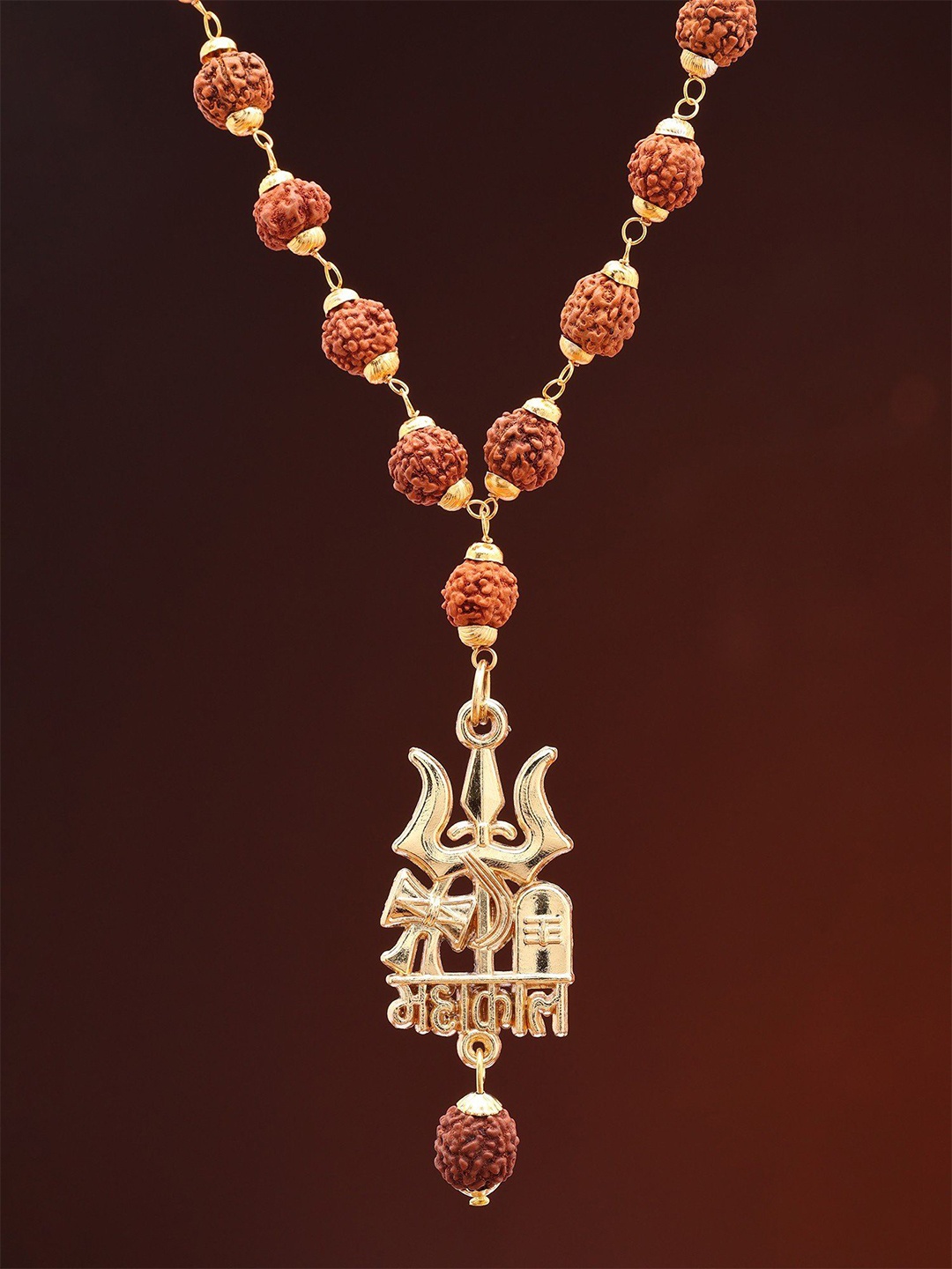 

Exotic India Trident Damru Shivalinga Genuine Rudraksha Mala Necklace, Gold