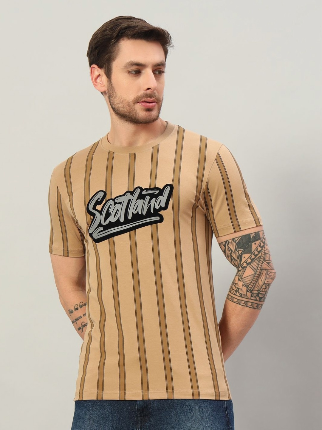 

PROFY Men Striped Round Neck Cotton T-shirt, Khaki
