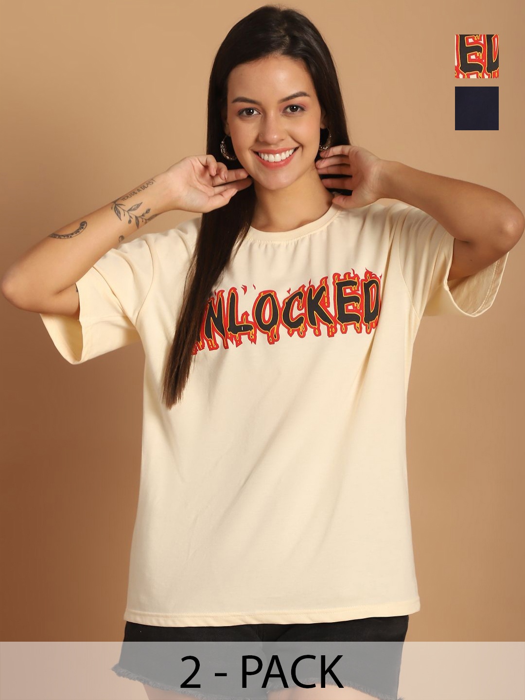 

Tromko Women Pack of 2 Typography Printed Round Neck Cotton Oversized T-shirts, Beige