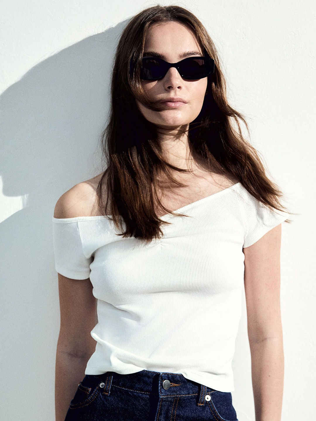 

H&M Ribbed Boat-Neck Top, White
