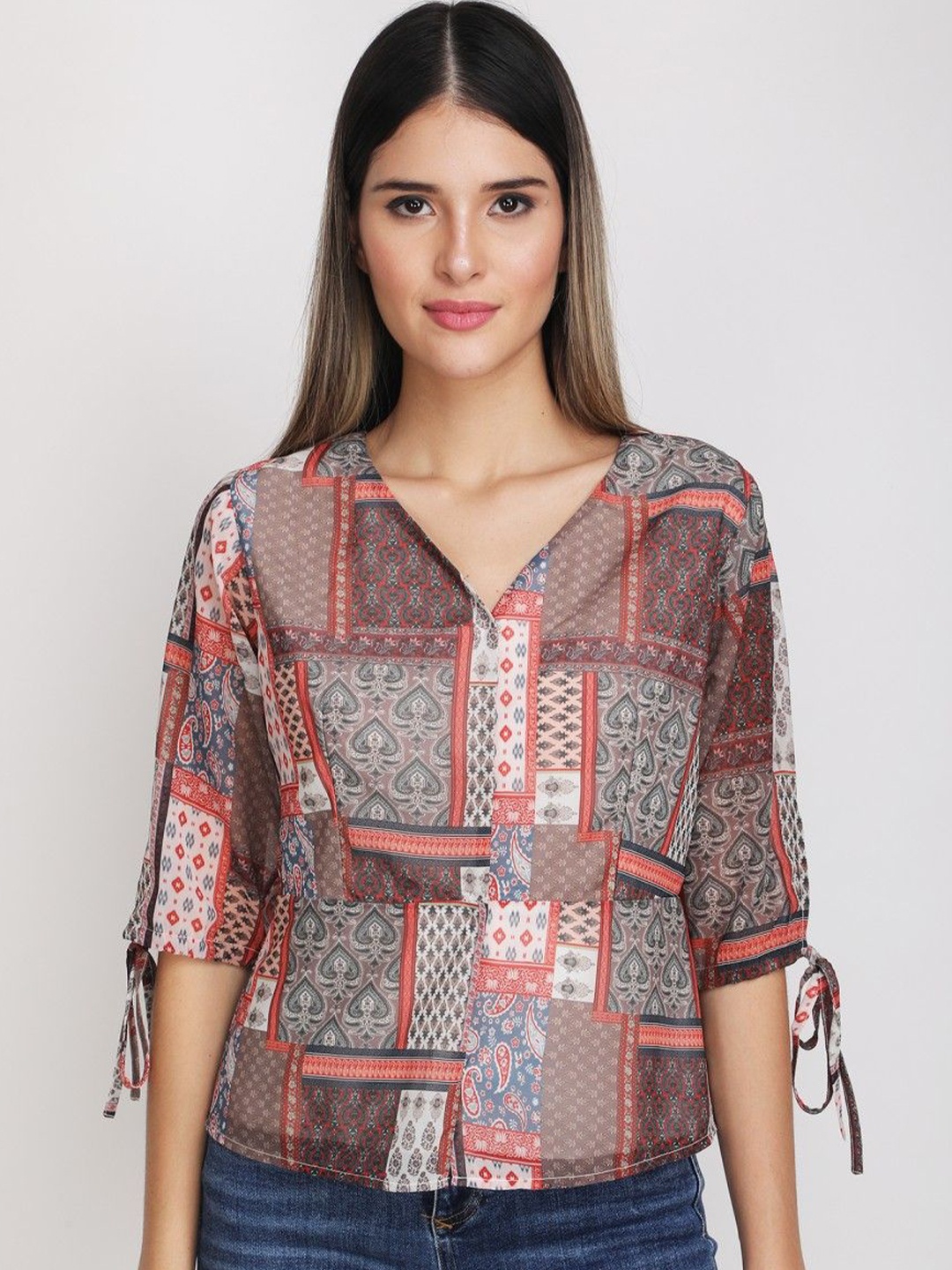 

JAKANARY Women Printed V-Neck Tie-Ups Detail Top, Multi