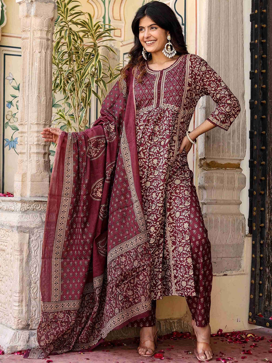 

MissKurti Floral Printed Mirror Work Pure Cotton A-Line Kurta with Trousers & Dupatta, Burgundy