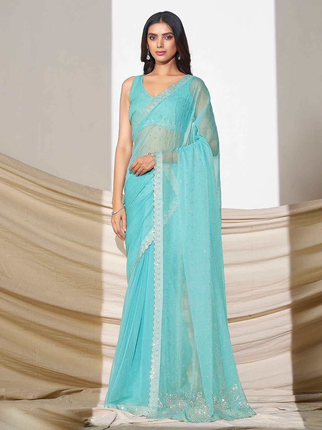 

TANNAH Embellished Beads and Stones Organza Saree, Sea green