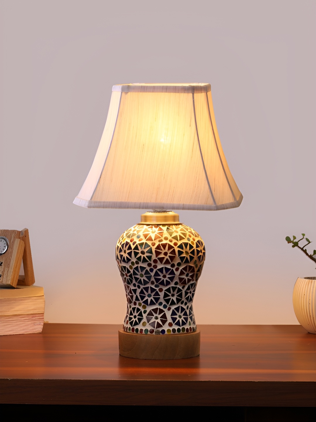 

Devansh Off White Printed Wooden Frustum Shaped Table Lamp With Mosaic Glass Base