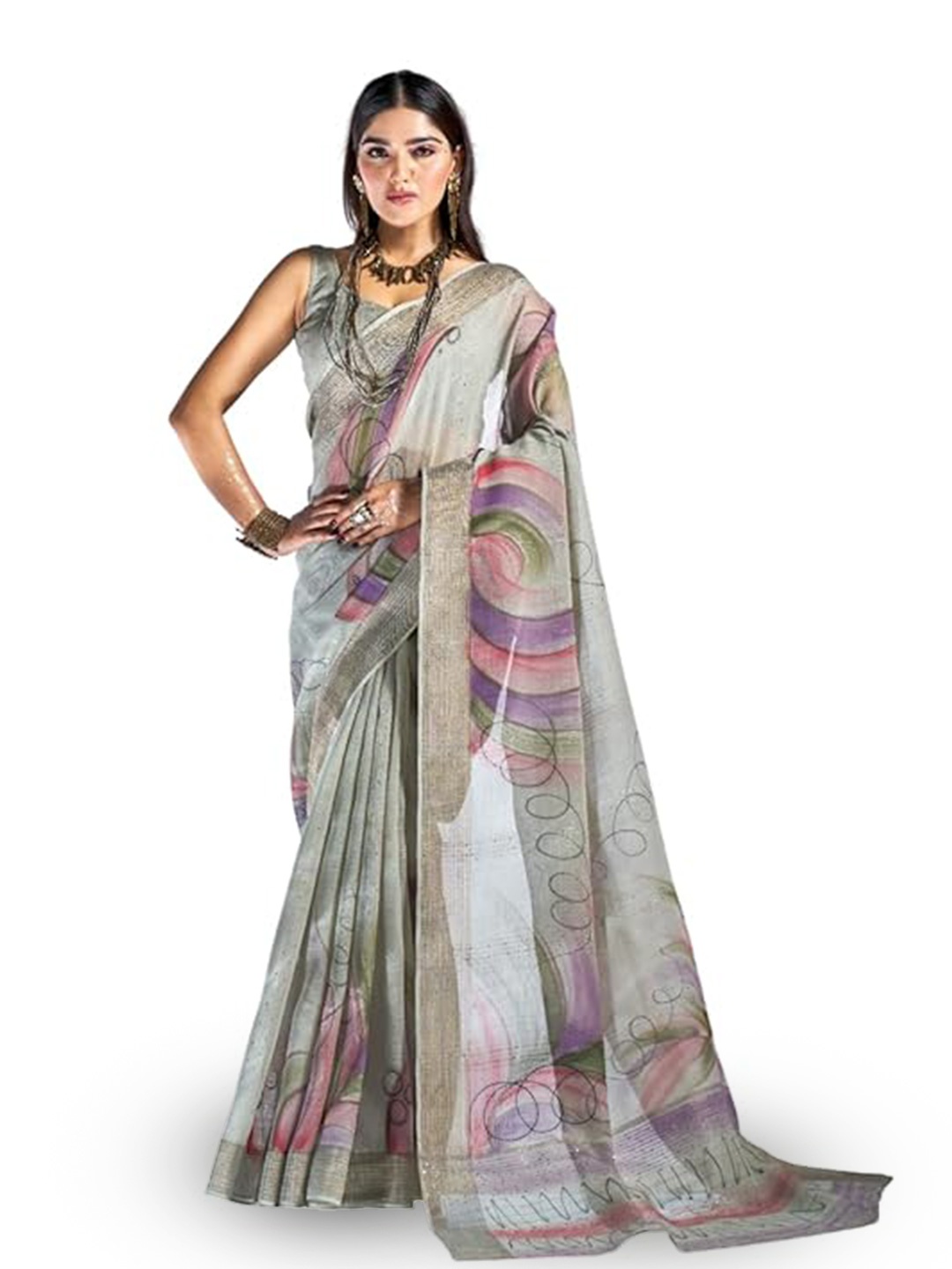 

BW X BUTTERFLY Hand Printed Sequined Pure Cotton Saree With Blouse Piece, Grey