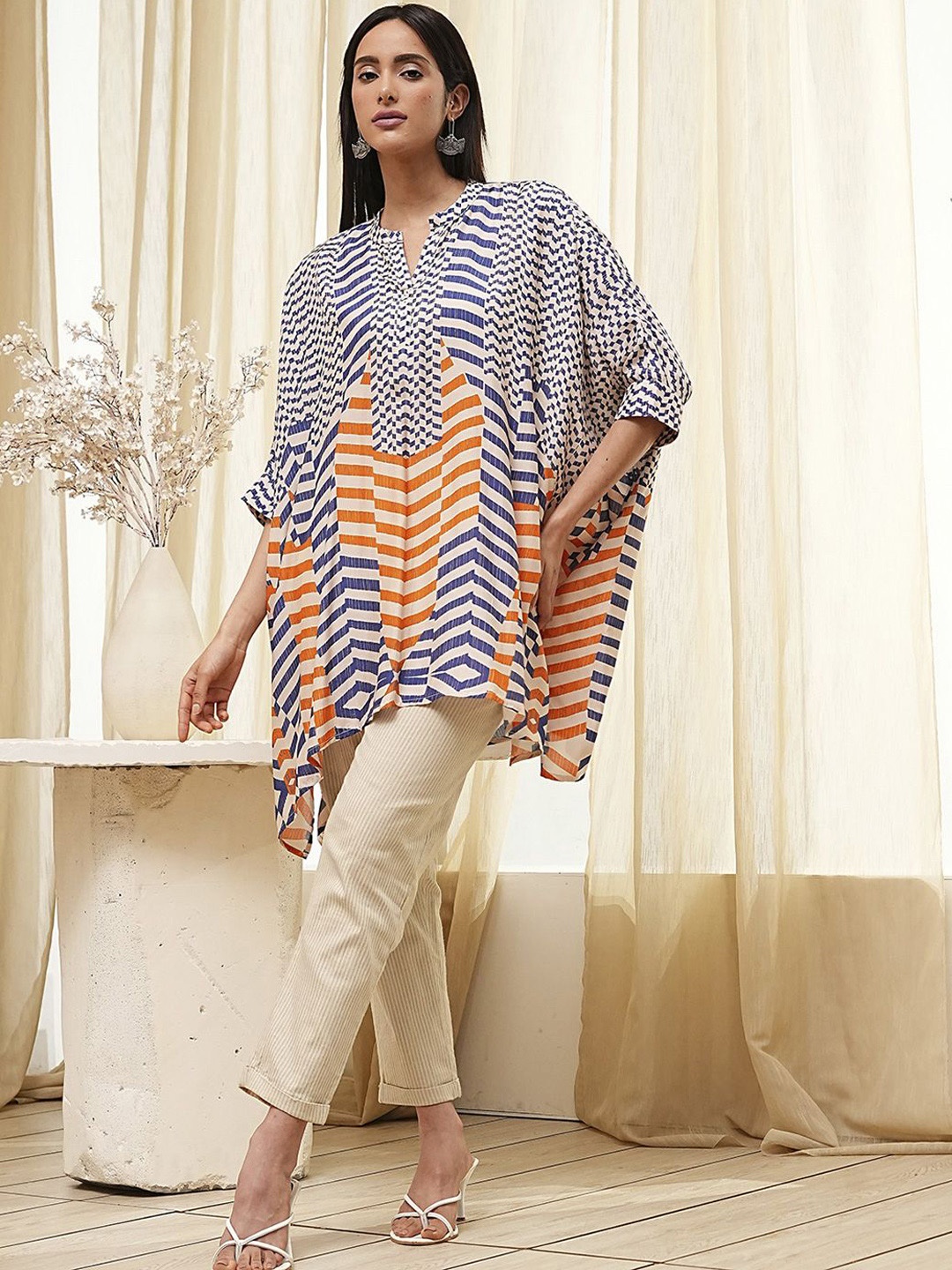 

Biba Striped Mandarin Collar Kaftan Tunic, Blue