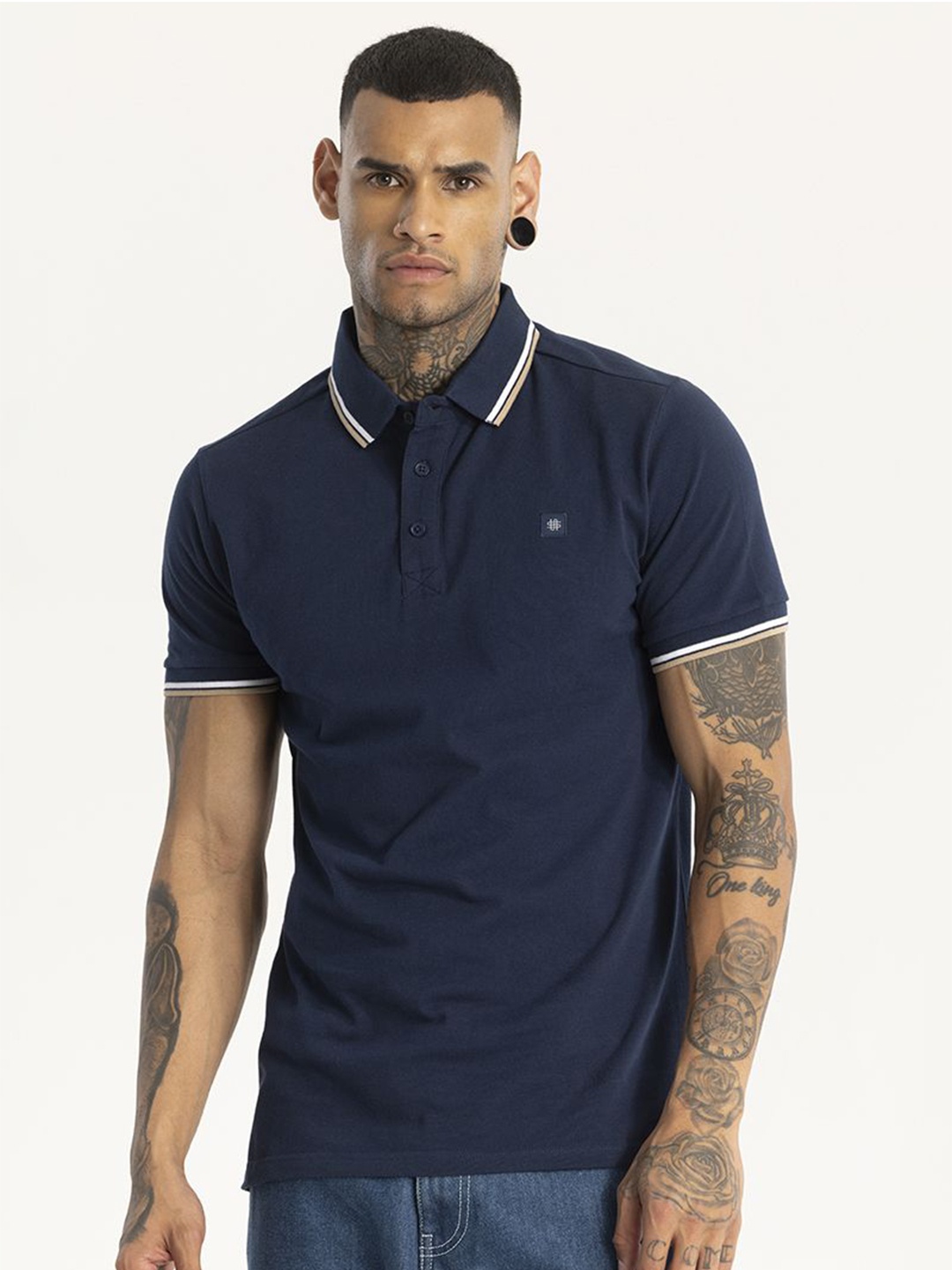 

Snitch Petru Navy Blue Polo Collar Slim Fit Cotton T-shirt