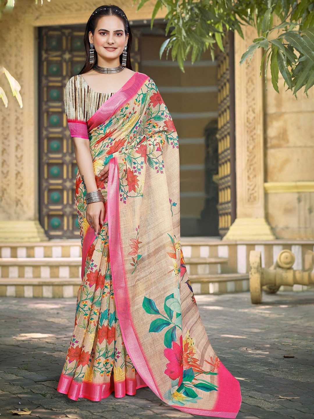 

ORUS Floral Printed Zari Pure Cotton Saree, Beige