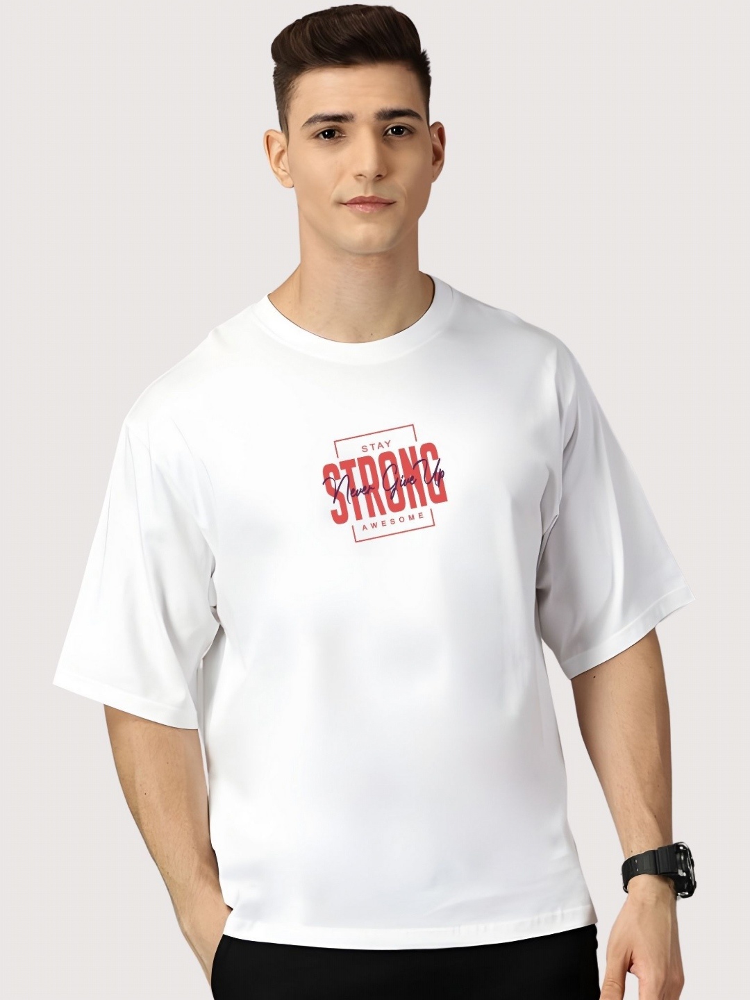 

SZN Men Typography Printed Round Neck Cotton Oversized T-shirt, White