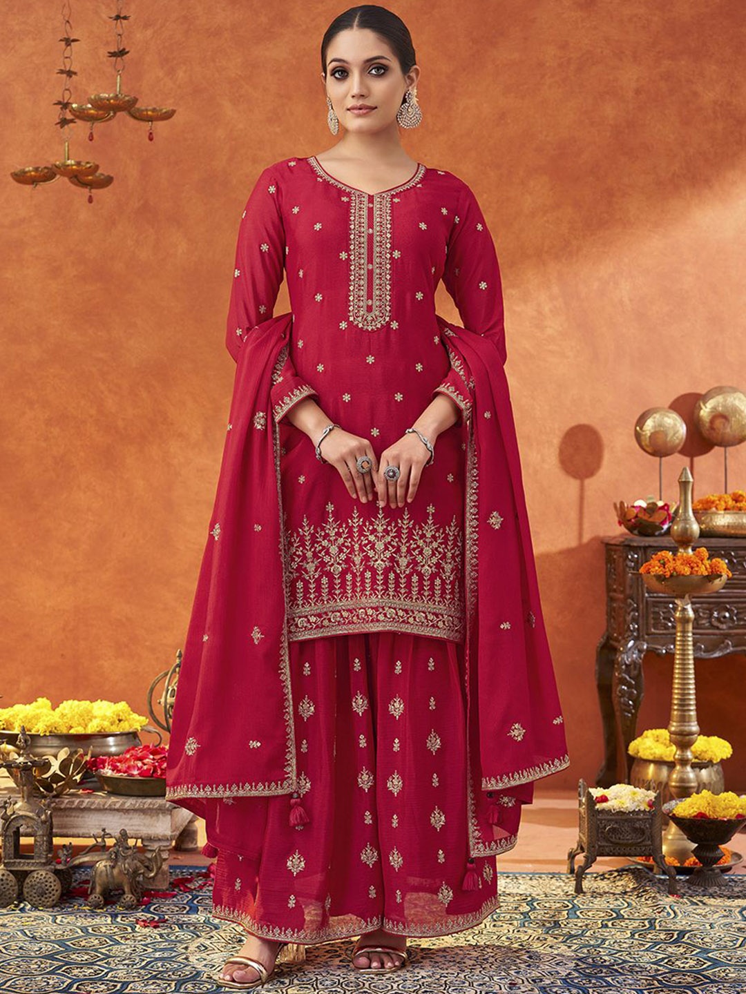 

DIVASTRI Floral Embroidered Sequinned Straight Kurta With Sharara & Dupatta, Pink