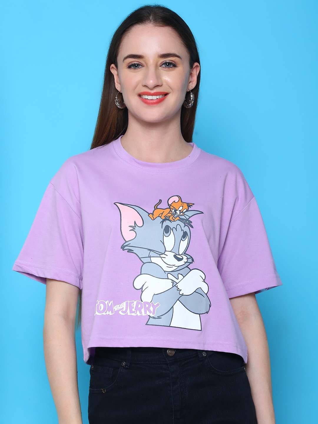 

Dreambe Cartoon Printed Drop-Shoulder Sleeves Pure Cotton Oversized T-shirt, Purple