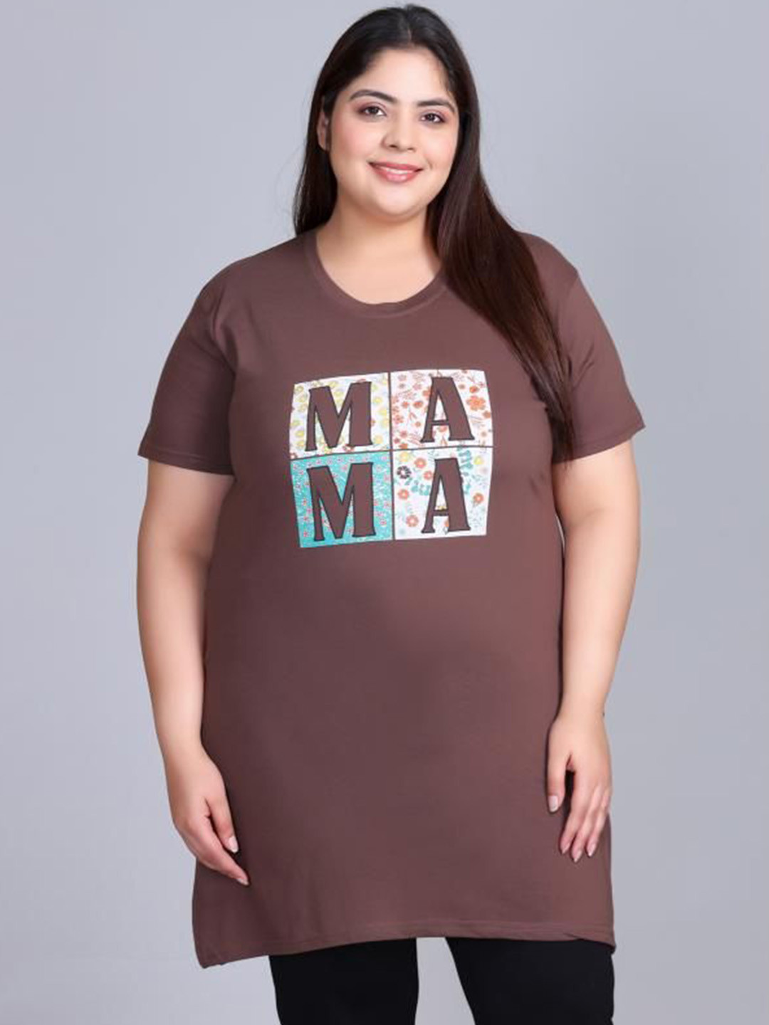 

IN Love Printed Cotton Longline Lounge Plus Size T-shirts, Brown